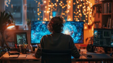 A man sits at his computer desk in a dark room illuminated by the lights of his monitors and fairy lights.