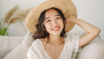 A beautiful young Asian woman wearing a white top and straw hat is sitting on a sofa in a living room, Generative AI