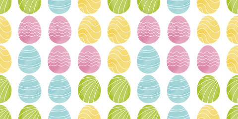 Cute illustration with colorful Easter eggs with watercolor texture, spring banner