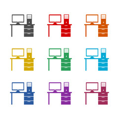 Computer Office workspace desk icon isolated on white background. Set icons colorful