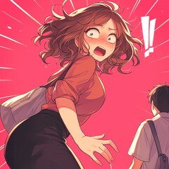 A comedic manga comic illustration showing a girl with a surprised expression and exaggerated sweatdrops, caught in a hilarious mishap as she trips and falls in front of her crush