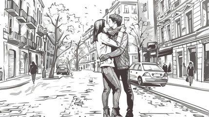 Affectionate embrace on a city street with an urban b