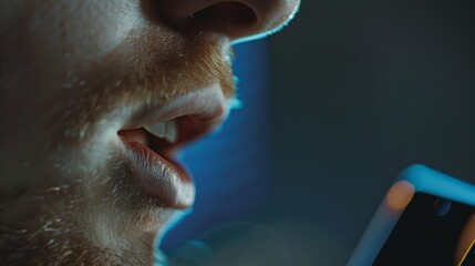 A closeup of a mans mouth speaking into a voice recognition app on his smartphone using it as a password to unlock and access his personal information. . - obrazy, fototapety, plakaty
