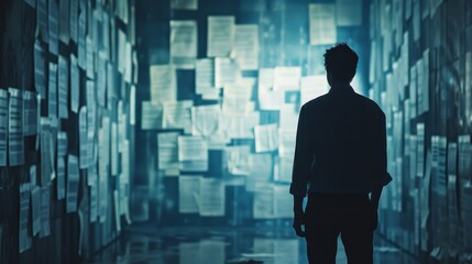 A man standing in a dark room filled with floating papers.