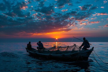 Early morning on the open sea, Fishermen on a rustic boat against a dramatic sunset, clouds scattered across the sky reflecting vibrant orange hues on the water.