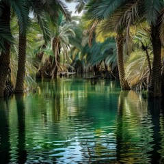 a body of water with palm trees