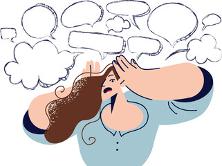 Overabundance of information causes headaches and migraines in woman clutching head, standing under dialogue clouds. Metaphor of public opinion and obsessive thoughts causing headaches in person