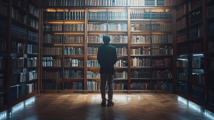A man standing in a large library, surrounded by bookshelves. - obrazy, fototapety, plakaty