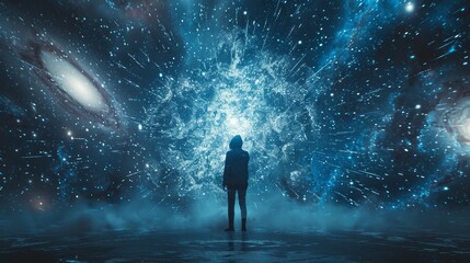 A man standing in a vast universe full of stars and galaxies.
