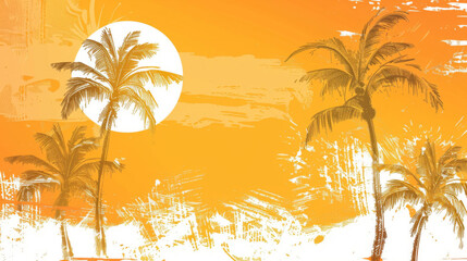 Vibrant summer sunset with silhouetted palm trees and an artistic orange backdrop