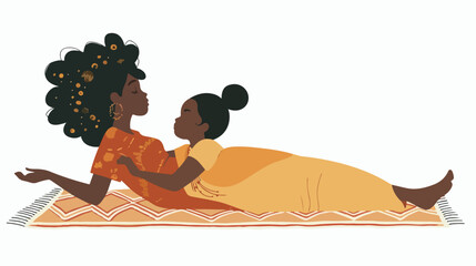 African woman with daughter lying on carpet Hand drawn