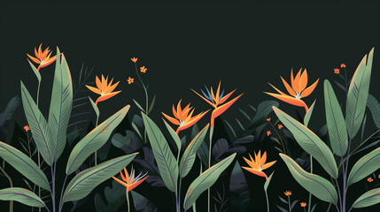 An illustration of a row of orange heliconia flowers with green leaves isolated on dark background. 