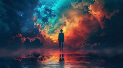 A man standing on a lake with a beautiful nebula sky and clouds reflecting in the water. - obrazy, fototapety, plakaty