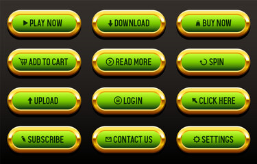 Buttons for websites. Green buttons in a golden frame. Big set of vector buttons for web design.