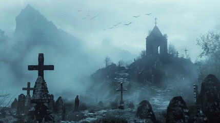 a cemetery with a cross and a church - obrazy, fototapety, plakaty