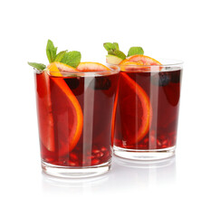 Aromatic Sangria drink in glasses isolated on white - obrazy, fototapety, plakaty