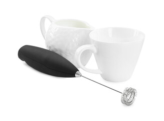 Milk frother wand, cup and pitcher isolated on white - obrazy, fototapety, plakaty