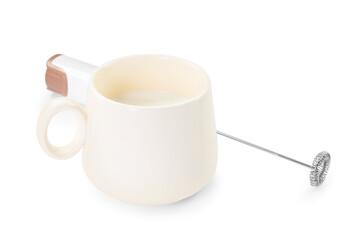 Milk frother wand and cup isolated on white - obrazy, fototapety, plakaty