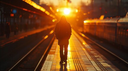 A man standing on a train platform at sunset. - obrazy, fototapety, plakaty