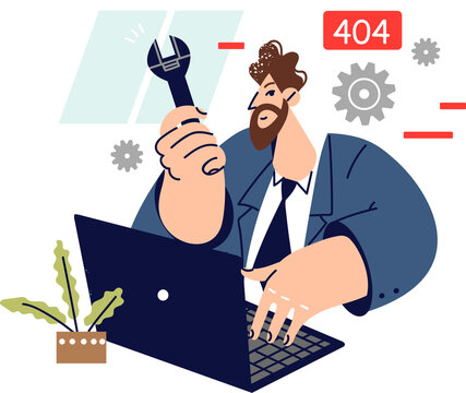Man system administrator repairs laptop or website, holds wrench for computer repair. Wizard restores office computer to eliminate bugs and errors that slow down work and harm performance