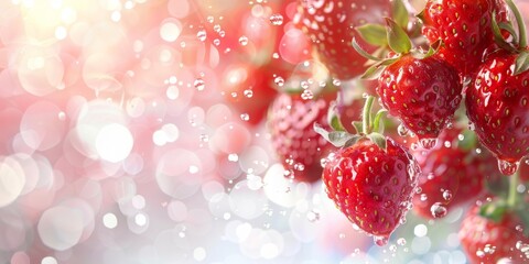 Fresh strawberries with water droplets on a bright bokeh background
