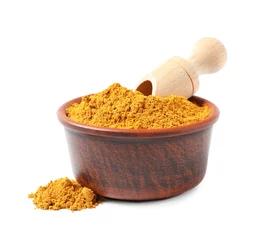 Foto op Aluminium Curry powder in bowl and scoop isolated on white © New Africa