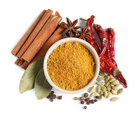 Foto op Aluminium Curry powder in bowl and other spices isolated on white, top view © New Africa