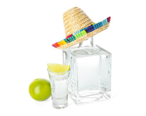 Mexican sombrero hat, tequila and limes isolated on white - obrazy, fototapety, plakaty