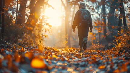 A man walking down a forest path in the fall.