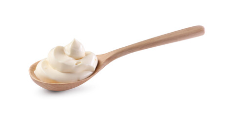 Natural yogurt in wooden spoon isolated on white