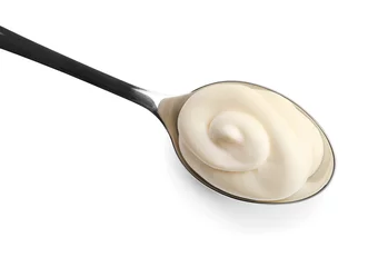 Foto op Aluminium Natural yogurt in spoon isolated on white, top view © New Africa
