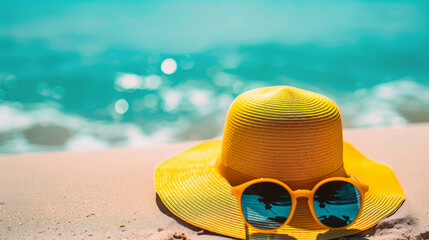 Yellow sunhat and sunglasses on sandy beach with clear blue sea in the background