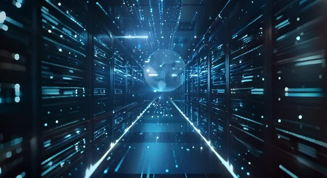 global cloud computing networks, with data centers linked across a digital Earth,