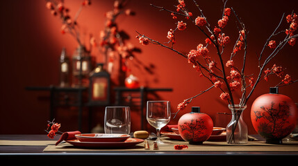 Chinese Lanterns Surround Exquisite Chinese Tableware Placed On A Table Covered with a Red Cloth On Background Blur