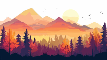 Autumn forest and mountains at sunset. Beautiful autumn