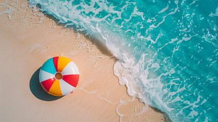 Obraz premium Aerial view of a sandy beach with waves embracing a vibrant beach ball