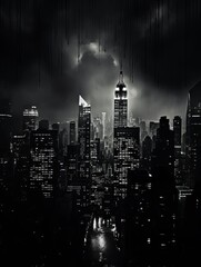 Capture a haunting, desolate cityscape with towering skyscrapers, robotic drones, and neon lights piercing the darkness in a high-contrast black and white photograph - obrazy, fototapety, plakaty