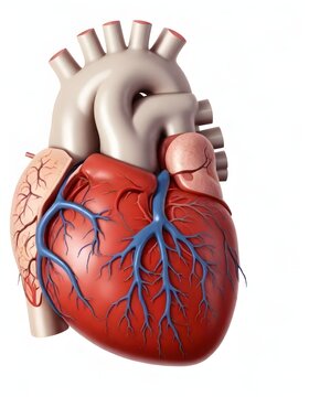 A detailed anatomical illustration of a human heart, showing the ventricles, atria, and major blood vessels aorta