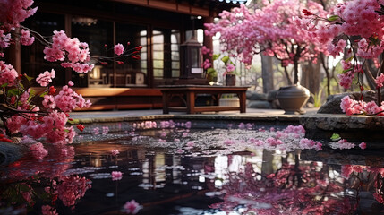 Artistic Zen Courtyard with Blossoming Pink Flowers With Blurry Background