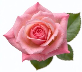 A close-up of a beautiful pink rose with green leaves