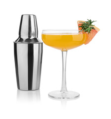 Metal shaker and delicious cocktail isolated on white - obrazy, fototapety, plakaty
