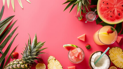 Colorful summer fruits and drinks layout on a lively pink backdrop