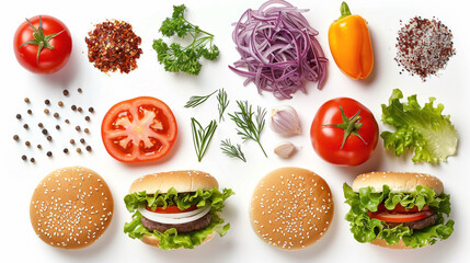 burger ingredients isolated on white background, top view