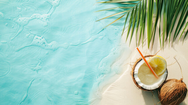 Serene tropical beach scene with a refreshing coconut beverage and palm leaf