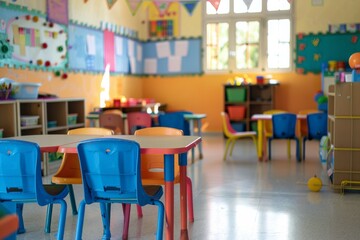 A brightly colored classroom with a lot of chairs and tables