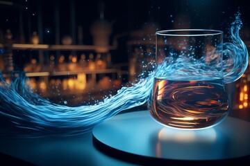 A glass of amber liquid on a table. The liquid is illuminated by a blue light - obrazy, fototapety, plakaty
