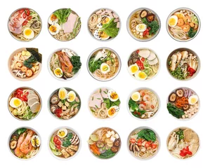Zelfklevend Fotobehang Set with bowls of delicious ramen with different ingredients isolated on white, top view. Noodle soup © New Africa