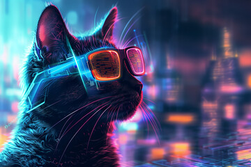 Futuristic cyberpunk cat with neon glasses against a cityscape.