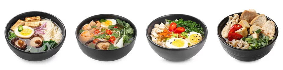 Deurstickers Bowls of delicious ramen with different ingredients isolated on white, set. Noodle soup © New Africa