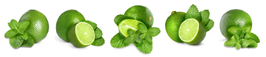 Foto op Aluminium Fresh ripe limes and green mint leaves isolated on white, set © New Africa